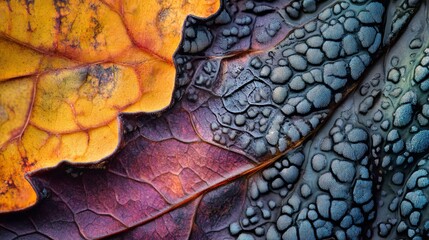 Autumn Leaf Macro Photography Stunning Texture Rich Colors Vibrant Fall Foliage Detailed Closeup Nature Abstract Background Image red art blue gold   