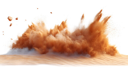 Powerful dust storm with large flying rocks, isolated on white background