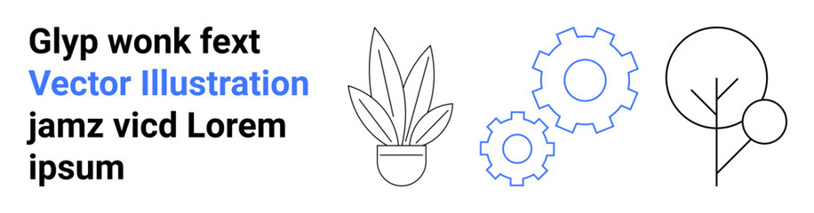 Potted plant, interconnected gears, and abstract tree outline. Ideal for sustainability, technology, growth, innovation, environment, ecology flat landing page banner