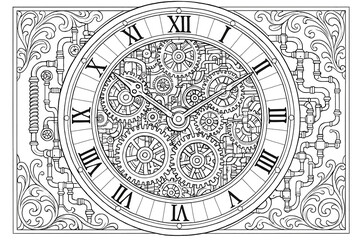 Obraz premium Intricate Steampunk Clock Mechanism Coloring Page - Detailed Gearwork Art