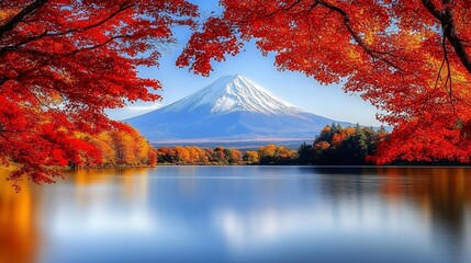 Fototapeta premium Snow-capped mountain reflected in calm lake, framed by vibrant autumn foliage