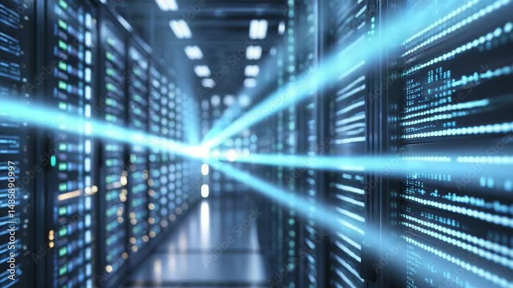 Poster advanced data center equipped with networking systems for managing rackmount hardware