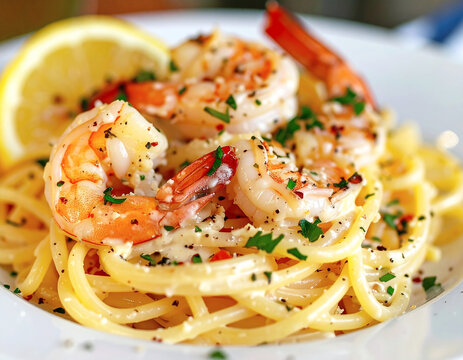 Spaghetti with creamy shrimp scampi and lemon. AI