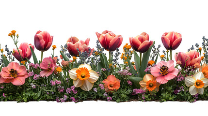 Spring flower beds with tulips and daffodils, isolated on white background