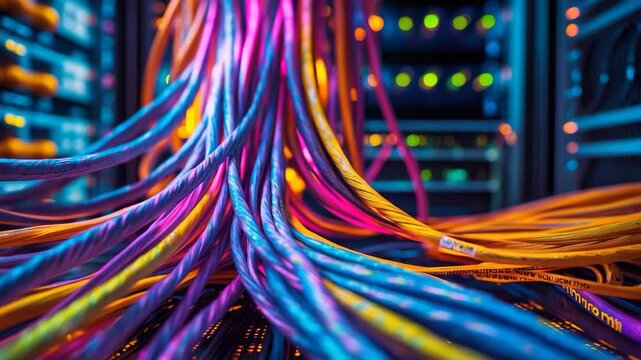 Brightly lit network cables in a server room