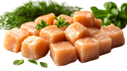 Raw chicken fillet chunks for cooking and packaging use, isolated on white background