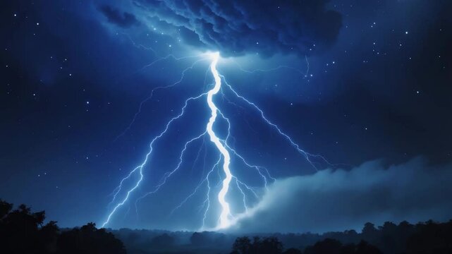 Nighttime lightning bolt illuminating the stormy sky