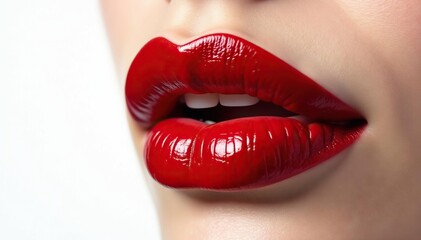Obraz premium Close-up of crimson lips, stark white backdrop, cosmetics, lipstick, bold