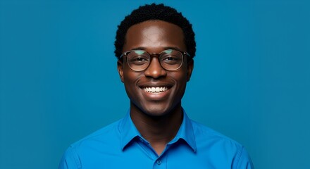 Obraz premium Portrait of smiling young Black man with glasses wearing a bright blue shirt and copy space on solid background