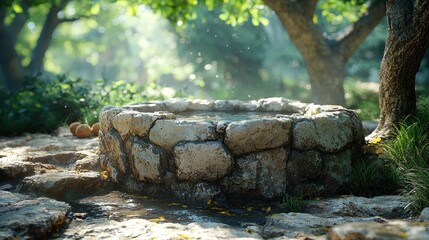 Obraz premium Old Stone Wishing Well in a Lush Green Forest Setting