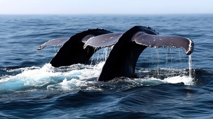 Whale tails breaching ocean surface, calm waters