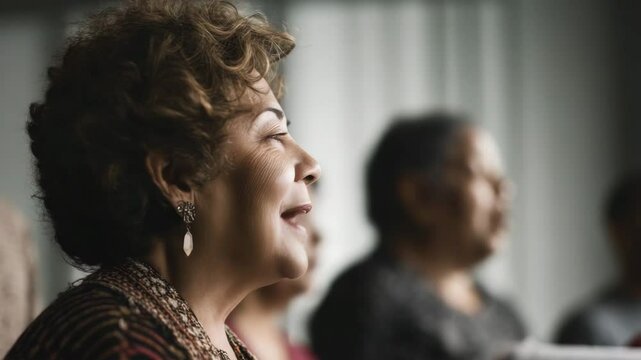 Portrait of a Joyful Elderly Woman with Curly Hair Engaging in Community Gathering Indoors