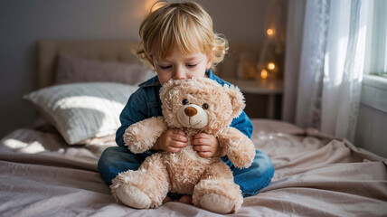 Child hugs teddy bear while missing a parent