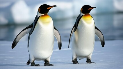 Fototapeta premium Emperor penguins walk on icy Antarctic landscape