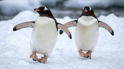 Fototapeta premium Antarctic penguins walking on ice with wings outstretched; icebergs in background. Possible use nature, wildlife, travel