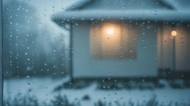 Footage of water droplets on fogged glass inside.