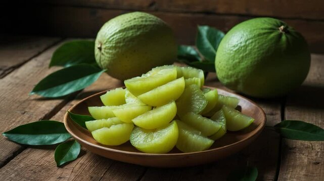 Fresh green pomelo peeled and arranged on a plate with a leaf on a wooden surface, tropical summer fruit.
