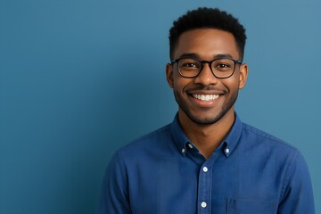 Obraz premium Portrait of smiling young Black man wearing glasses and blue button-up shirt with copy space on blue background