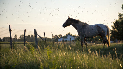 Horse standing on pasture surrounded by insects at sunset. Rural horse on summer field with flying insects. Horse outdoors with mosquitoes and warm sunset light