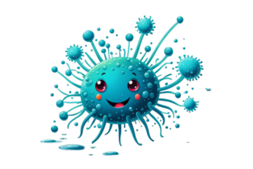 Cute cartoon virus or microbe with happy face on transparent background for health concept, infection prevention, and medical education materials