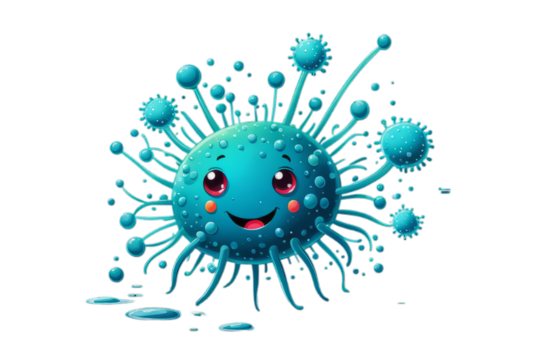 Cute cartoon virus or microbe with happy face on transparent background for health concept, infection prevention, and medical education materials