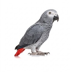 An African grey parrot isolated on a white background. A grey bird with a bright red tail