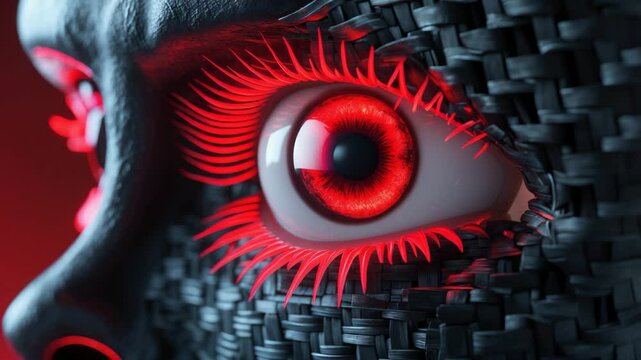 Glowing Red Hal eye on dark carbon fiber animation highlighting futuristic technology