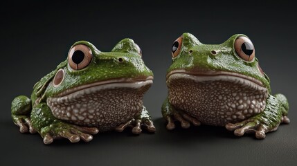 Obraz premium Two green frogs facing front, studio setting, background dark gray. Possible use children's book, educational material