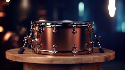 Obraz premium Copper drum on wooden stand in a dark, smoky venue
