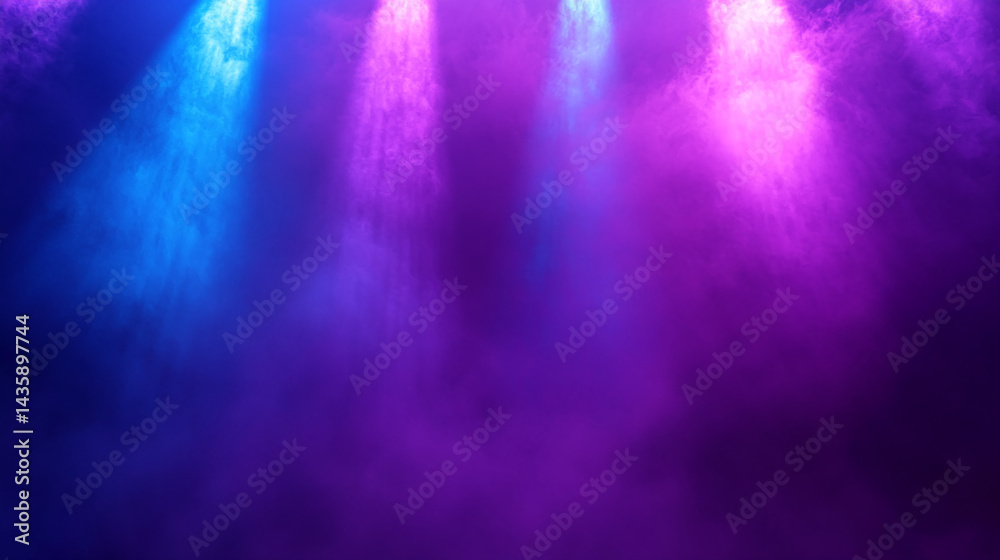 Poster blue and purple light beams through smoky haze, creating a dramatic and atmospheric backdrop ideal f