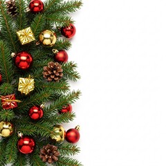Christmas garland border with ornaments isolated on a white background. Festive decoration with fir branches and baubles on the left side