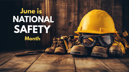 June National Safety Month Workplace Protection Equipment with Hard Hat and Safety Boots