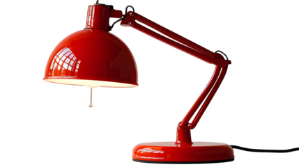 Red desk lamp with sleek design and flexible arm isolated on white background