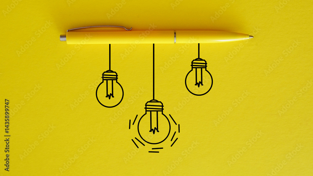 Poster Turn on glowing light bulb among turn off lamp on yellow background as symbol of creative thinking idea and problem solving solution concept