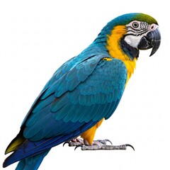Fototapeta premium A vibrant blue-and-yellow macaw isolated on a white background. A colorful parrot species native to South America