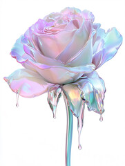 A rose, melting and dripping, pastel color gradients, iridescent holographic glass, soft, translucent effect.