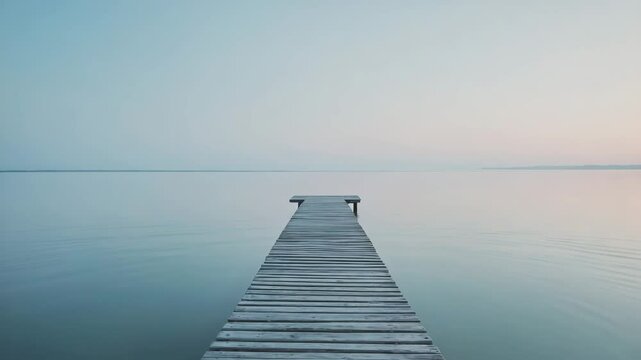 This video features a wooden pier extending into calm waters beneath a soft pastel sky. The gentle horizon and understated landforms create a serene and minimalist atmosphere, blending water and sky.