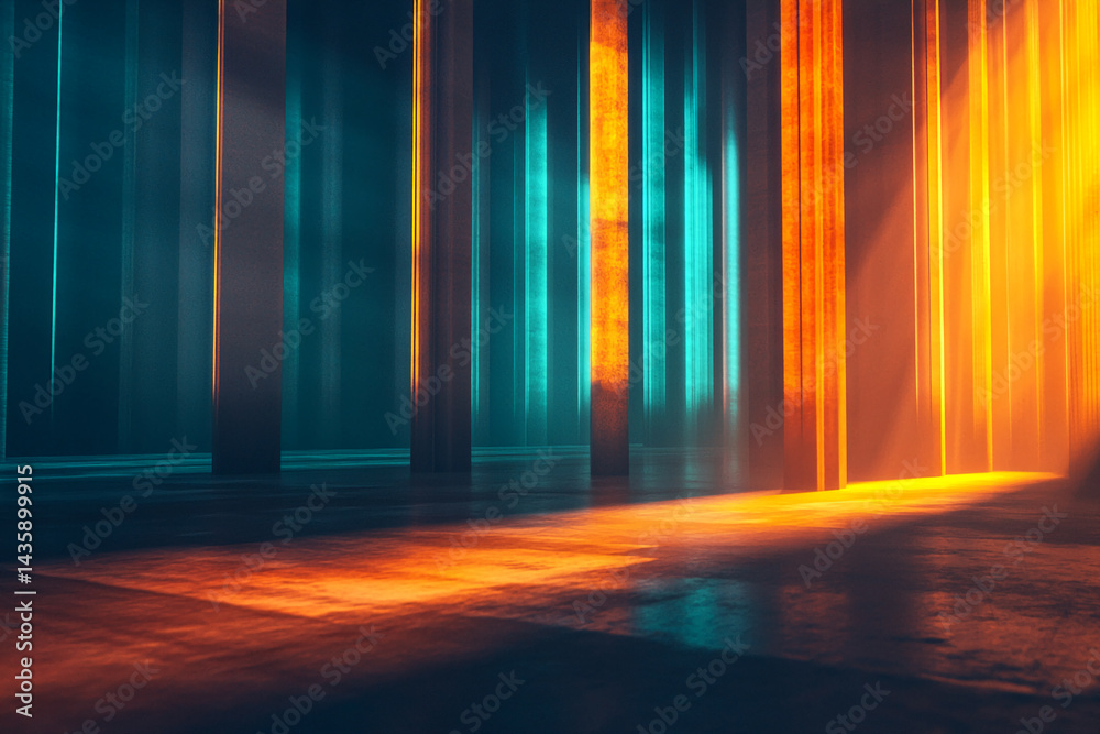 Aufkleber abstract image of illuminated pillars in teal and orange hues, creating a dramatic, spacious scene, 