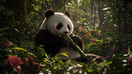 Obraz premium Panda eating bamboo in lush forest garden setting