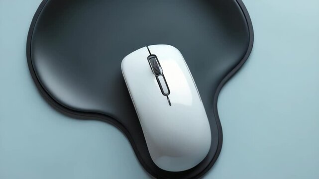 Bird's-eye view of a modern white mouse lounging on a black mousepad