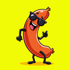 Naklejka premium Funny sausage wearing sunglasses and dancing