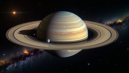 Stunning depiction of Saturn with its rings and moons in deep space environment.