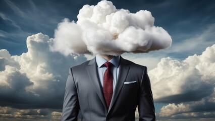 Surreal image of businessman with cloud instead of head under dramatic cloudy sky background.