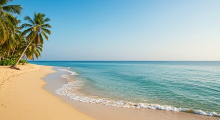 Sandy Shore Serenity: Tropical Beach Paradise - Tranquil beach scene, symbolizing peace, escape, relaxation, rejuvenation, and paradise. Golden sand meets turquoise water under a clear sky