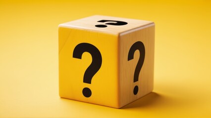 Wooden yellow cube with black question marks on yellow background symbolizing curiosity.
