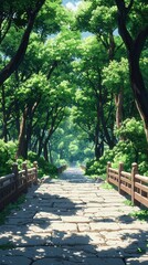Fototapeta premium Walking the Stone Path Through Lush Green Forest Canopy in Summer
