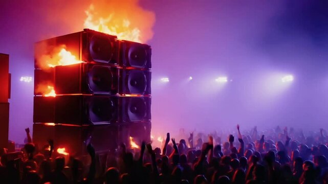 A colossal speaker concert stage engulfed in intense flames, shot from a low angle dark, chaotic crowd in the background, in the style of a heavy metal music video, cinematic and intense
