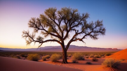 Solitary tree in vast desert landscape at sunset with mountains in background under clear sky.