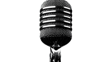 Retro-style microphone with mesh grill and classic shape, ideal for music or podcast themes