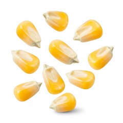 Falling yellow corn kernels for popcorn, isolated on white background